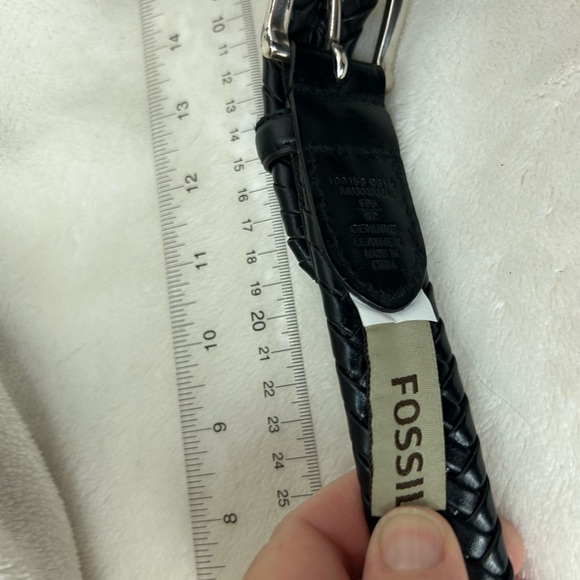 Fossil Black‎ Leather Basket Weave Belt Silvertone Metal Buckle - Picture 9 of 13